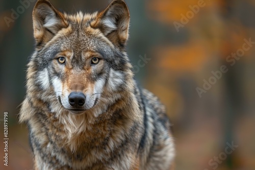 An older male wolf is standing in the forest  high quality  high resolution