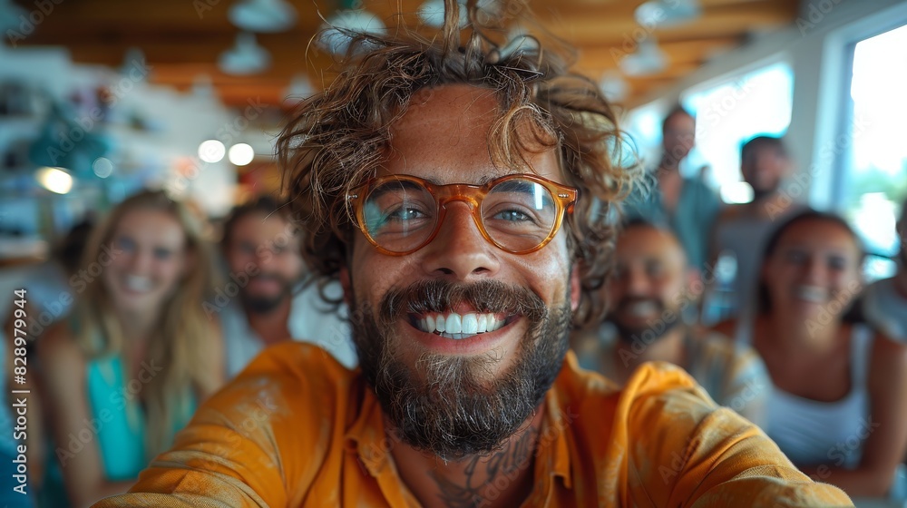 A bearded man with glasses and tattoos takes a selfie with friends, all smiling and in casual wear