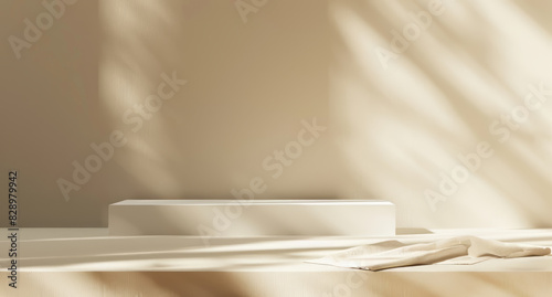 Minimal cosmetic background for product presentation. Sunshade shadow on beige wall. 3d render illustration. Object isolate clipping path included.