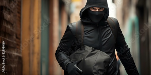A thief in dark attire flees with stolen loot in the urban area. Concept Crime, Theft, Urban, Dark Attire, Stolen Loot