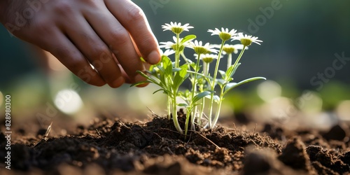 Planting Chamomile in Fertile Soil: Gardener Tending to Ground Garden. Concept Gardening, Chamomile Planting, Fertile Soil, Gardener, Ground Garden photo