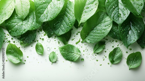Vibrant green leaves with dewdrops distributed across a bright surface, evoking freshness and growth