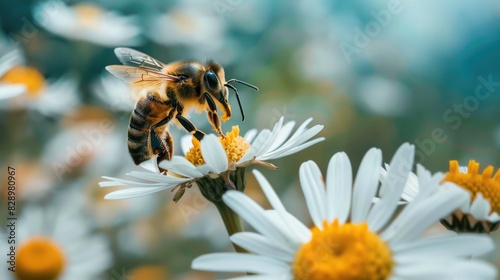 A Honey Bee captured flying near a Daisy Flower