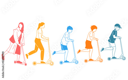 Women and teenagers riding a scooter, different colors, cartoon characters, people silhouettes, flat icon design concept, hand drawn vector illustration isolated on white background