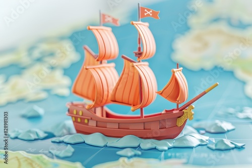 3d illustration of a pirate boat sailing in the ocean bokeh style background