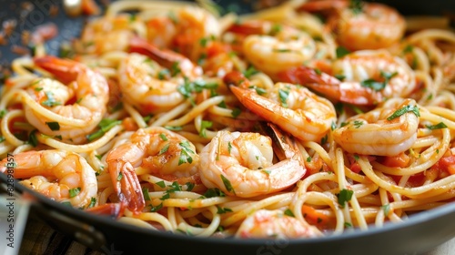 Shrimp and spaghetti sauteed in a skillet