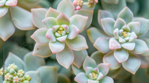 Succulent Graptopetalum plant also known as ghost plant or mother of pearl with tiny blooms photo