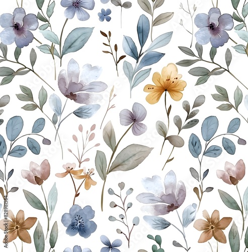 watercolor wildflowers, leaves and branches on white background pattern, muted pastel colors seamless