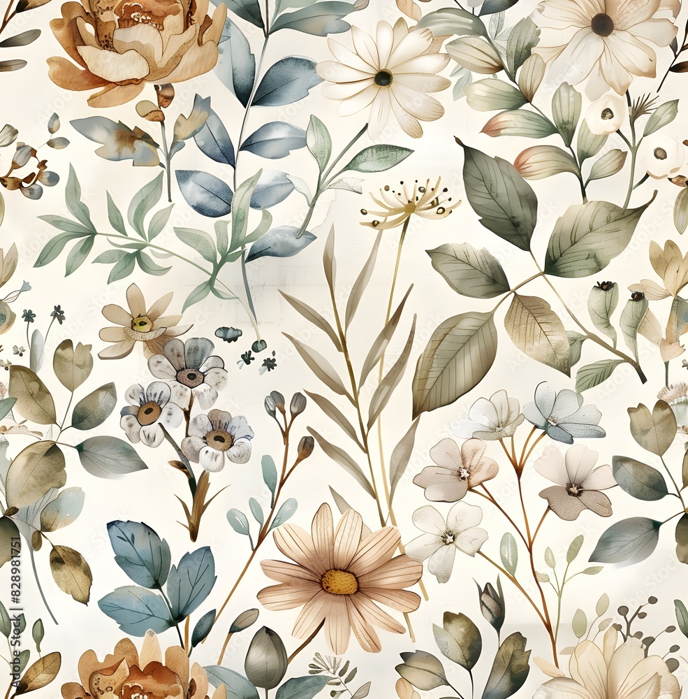 watercolor wildflowers, leaves and branches on white background pattern, muted pastel colors seamless watercolor wildflowers, leaves and branches on white background pattern, muted pastel colors seamless