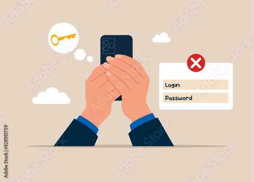 Businessman with smartphone and forgot the password. Blocked access. Concept of forgotten password, key, account access. Flat vector illustration