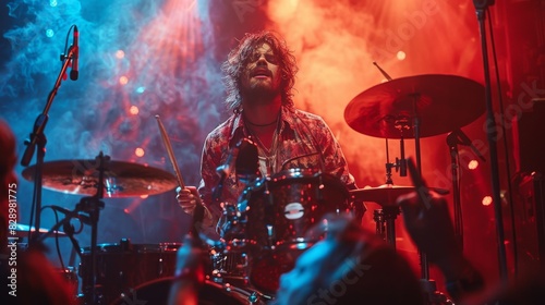 A drummer in action during a concert with dynamic red and blue stage lighting and smoke effects © familymedia