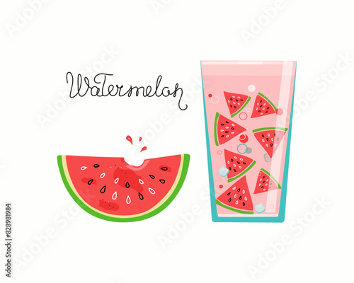 Glass of watermelon juice with ice. Watermelon slices. Summer drink. Calligraphy, inscription. National Watermelon Day. Vector illustration on isolated background.