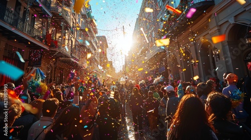 Excited crowd enjoys a festival under the sun  with colorful confetti flying through the air on a bright day