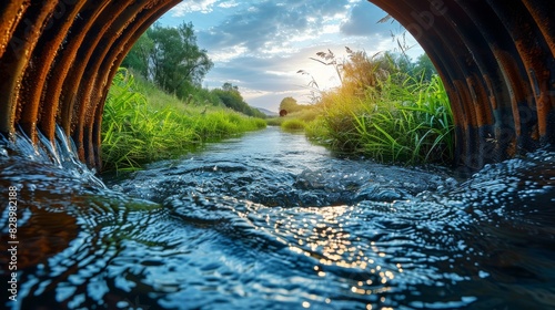 Tranquil stream gently flowing through a metal culvert amidst lush greenery