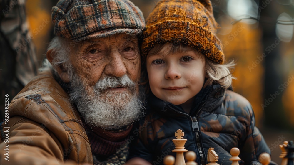 A warm portrait of an elderly man and a young boy, presumably his grandson, sharing a bonding moment over a chess game in an autumn forest setting