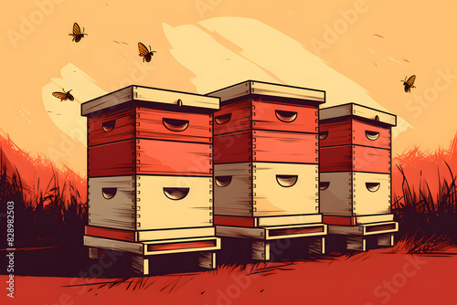 vintage style illustrated bee hive, bee illustration vintage vibe