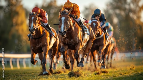 A dynamic image showcasing multiple jockeys on thoroughbred racehorses competing in a horse race, taken in warm, natural light photo