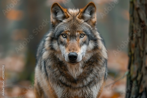 Featuring a  grey wolf is standing in the forest near trees