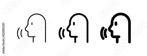 Vector person speaking, speech recognition, voice activation icon. Black, white background. Perfect for app and web interfaces, infographics, presentations, marketing, etc.