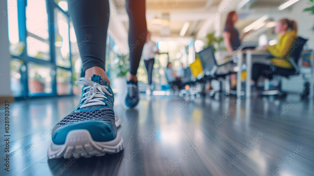 custom made wallpaper toronto digitalOffice fitness. Close-up of woman's feet in sneakers walking in a modern office, promoting workplace wellness and activity.