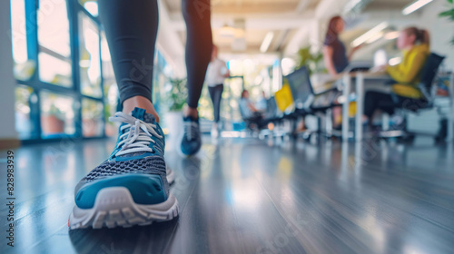 Wallpaper Mural Office fitness. Close-up of woman's feet in sneakers walking in a modern office, promoting workplace wellness and activity. Torontodigital.ca