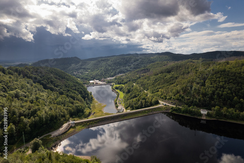 Obraz na płótnie Barrier lake of the Oder river in front of the dam - near the town of Bad Lauterberg, Harz mountains, Lower Saxony, Germany. Aerial view. w salonie