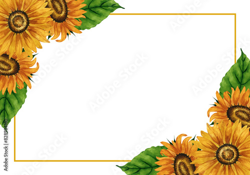 Watercolor sunflowers corner frame. Rectangular frame with yellow flowers. Summer floral composition. Autumn flowers arrangement. Hand drawn botanical illustration for postcard, invitation, greeting.
