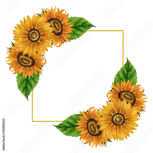 Watercolor sunflowers corner frame. Square frame with yellow flowers. Summer floral composition. Autumn flowers arrangement. Hand drawn botanical illustration for postcard, invitation, greeting.