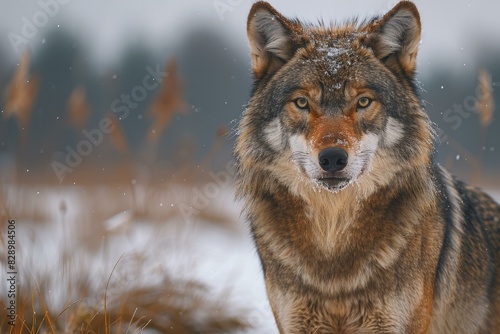 A grey wolf is standing in the snow  high quality  high resolution