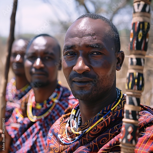 kenya's maasai warriors in traditional attire and intricate beaded necklaces with prime lens, highlighting soft natural contrast photo