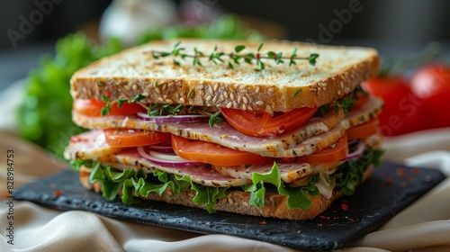 A savory sandwich stacked with turkey, lettuce, tomato, onions, and herbs on grain bread