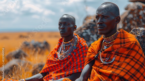Maasai warriors traditional dress telephoto lens and rocky outcrops photo