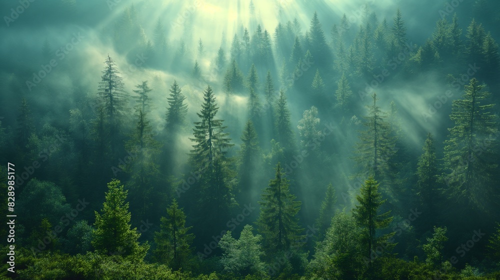 Panorama of green forest landscape with trees (trunks), white fog at the treetops Panorama of green forest landscape with trees (trunks), white fog at the treetops