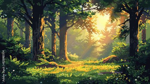 2d pixel art of forest , sunrise in forest, game art, 16 bits, 32 bits