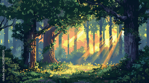 2d pixel art of forest , sunrise in forest, game art, 16 bits, 32 bits