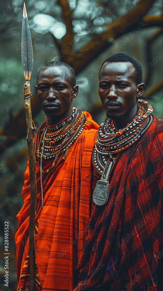 Obraz premium maasai and samburu warriors in kenya’s semiarid fields, showcasing traditional attire and intricate jewelry with vibrant colors and natural light on a rocky plan