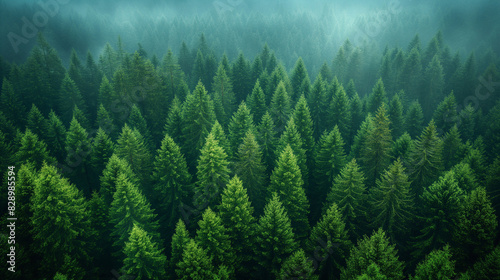 Panorama of green forest landscape with trees  trunks   white fog at the treetops