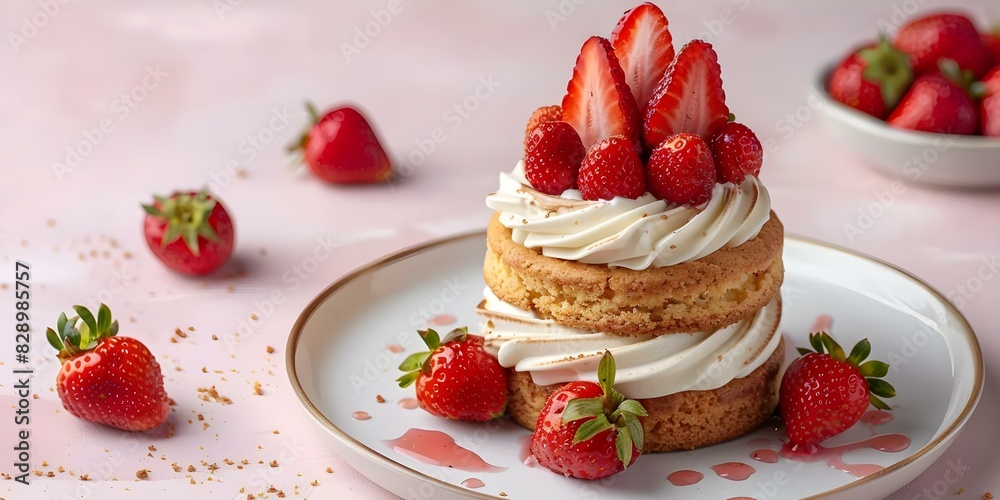 Strawberry shortcake with ripe berries cream on pink background with copy space. Concept Strawberry Shortcake, Ripe Berries, Pink Background, Copy Space, Dessert Photography Strawberry shortcake with ripe berries cream on pink background with copy space. Concept Strawberry Shortcake, Ripe Berries, Pink Background, Copy Space, Dessert Photography