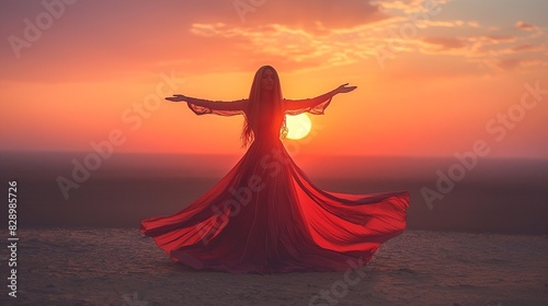 Woman In Traditional Arab Dress Rises Her Arms against the backdrop of the desert and a beautiful sunset.