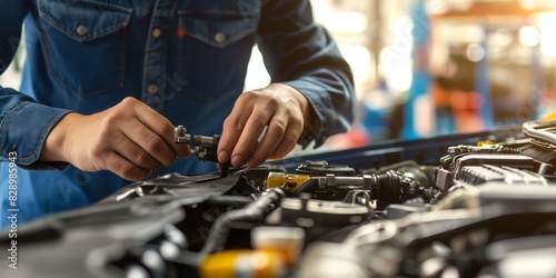 A mechanic inspects or repairs a vehicle's engine, surrounded by tools