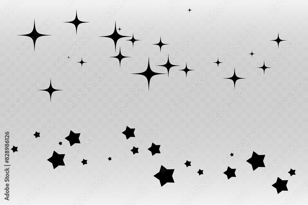 Shooting Star Black. Shooting star with an elegant star trail on a white background. Festive star sprinkles, powder. Vector png.	
