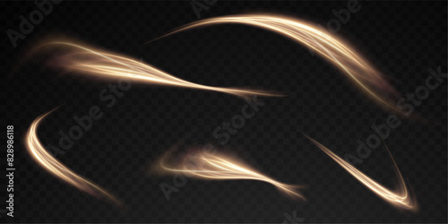 Vector png background with gold glowing lines. Gold glowing lines of speed. Light glow effect. Light trail wave, fire trail line and glow curve swirl.