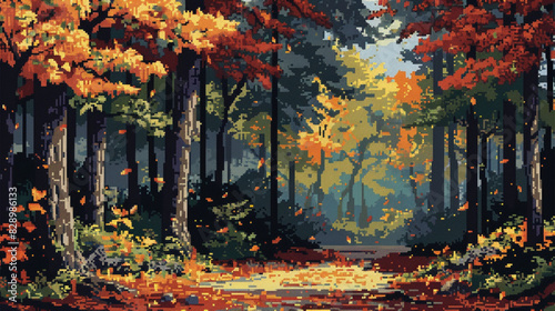 2d pixel art of autumn forest  wild  falling leaf   game art  16 bits  32 bits