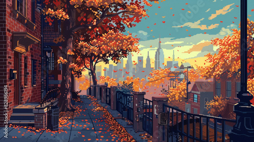 2d pixel art of city at autumn season, cityscape, game art, 16 bits, 32 bits
