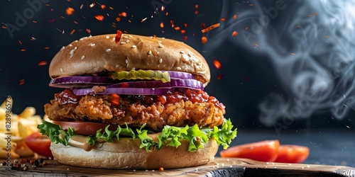 Flying High: Spicy Fried Chicken Burger with Exciting Ingredients (Food Ad). Concept Food Photography, Spicy Chicken Burger, Exciting Ingredients, Delicious Flavor, Appetizing Presentation photo