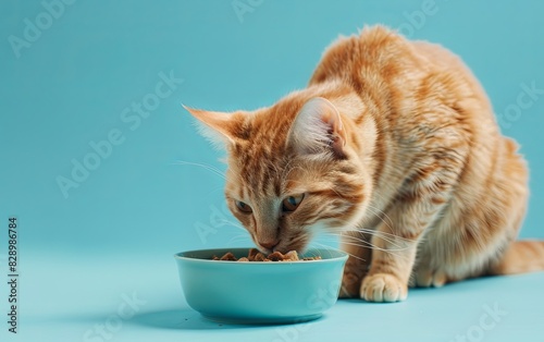 Orange Cat Eating From Bowl Against Clean Blue Background