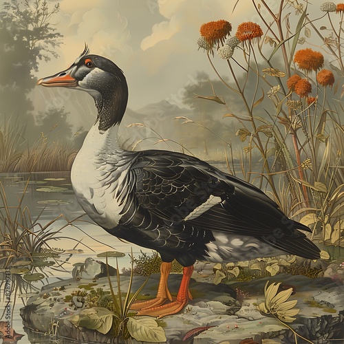 adult female Runion Shelduck Alopochen kervazoi with gray and white plumage extinct native to Runion Island Africa photo