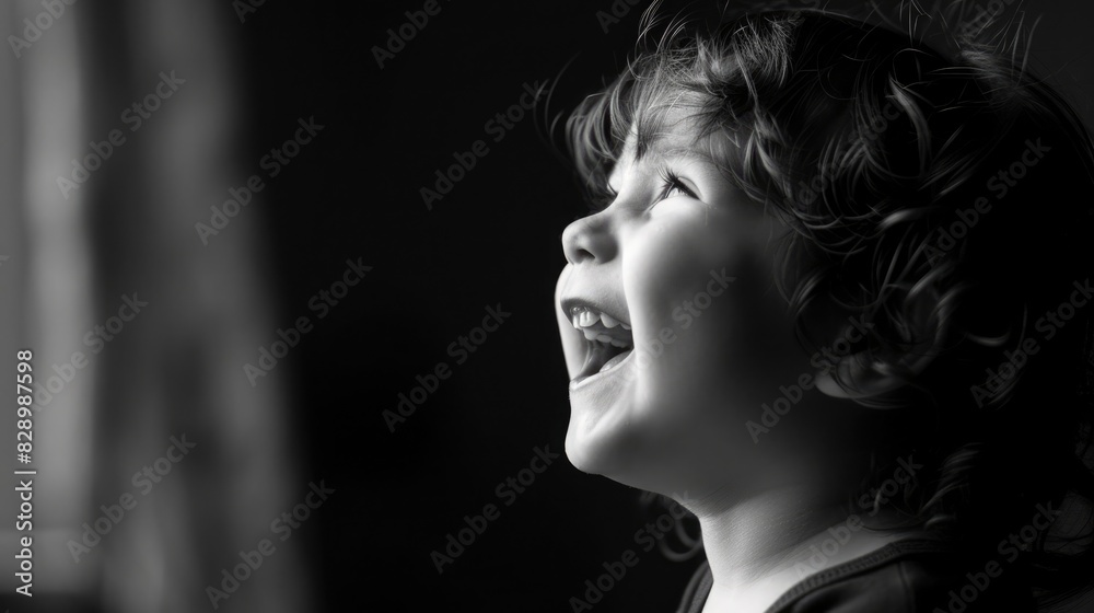Joyful moment of a child laughing in a creative high contrast black and white image Joyful moment of a child laughing in a creative high contrast black and white image