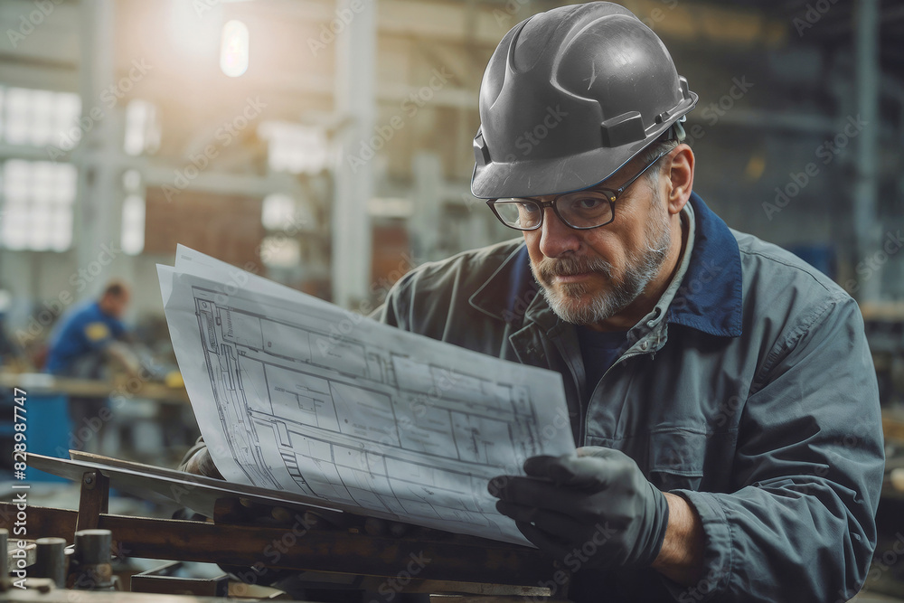 European man metalworker in factory wearing a blue helmet and safety glasses is reading a piece instructions on blueprint European man metalworker in factory wearing a blue helmet and safety glasses is reading a piece instructions on blueprint