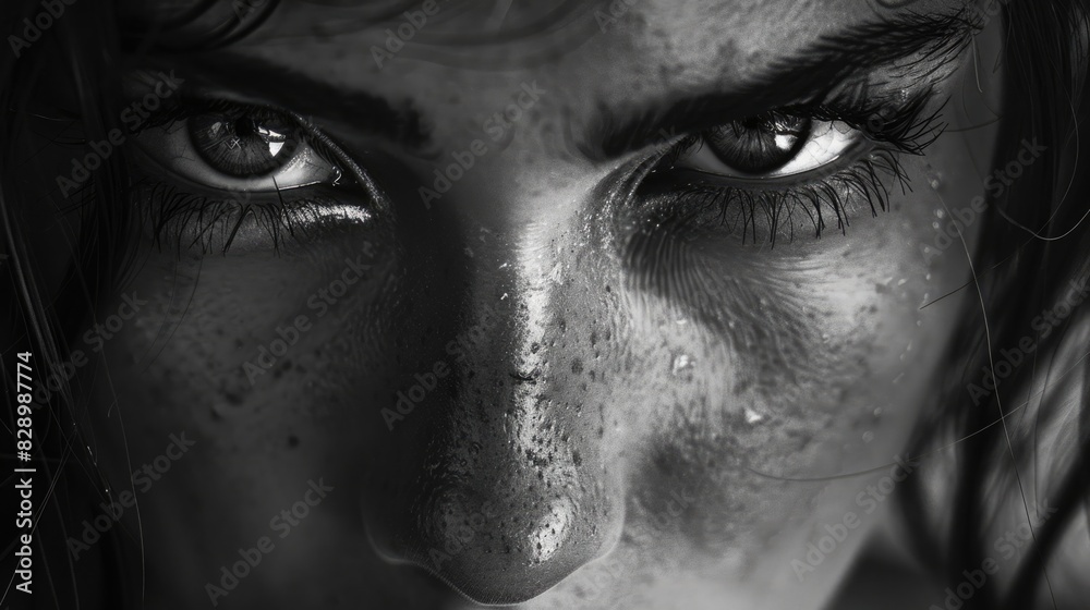Naklejka premium Intense and emotional black and white close-up of a woman's eyes